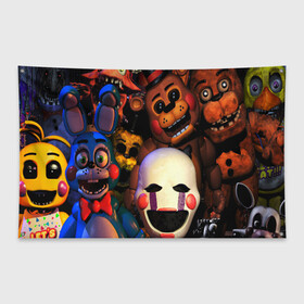 Флаг-баннер с принтом FIVE NIGHTS AT FREDDYS в городе Новоалтайск, 100% полиэстер | размер 67 х 109 см, плотность ткани — 95 г/м2; по краям флага есть четыре люверса для крепления | 5 ночей с фредди | animation | bonnie | chica | five nights at freddys | fnaf | foxy | freddy | funny | horror | scary | бонни | майк | пять | ужас | фнаф | фокси | фредди | чика | шмидт