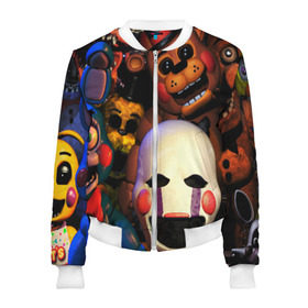 Женский бомбер 3D с принтом FIVE NIGHTS AT FREDDYS в городе Новоалтайск, 100% полиэстер | застегивается на молнию, по бокам два кармана без застежек, мягкие манжеты, по низу бомбера и на воротнике — эластичная резинка | 5 ночей с фредди | animation | bonnie | chica | five nights at freddys | fnaf | foxy | freddy | funny | horror | scary | бонни | майк | пять | ужас | фнаф | фокси | фредди | чика | шмидт