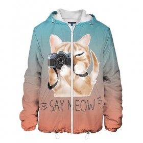 Мужская куртка 3D с принтом Say Meow в городе Новоалтайск, ткань верха — 100% полиэстер, подклад — флис | прямой крой, подол и капюшон оформлены резинкой с фиксаторами, два кармана без застежек по бокам, один большой потайной карман на груди. Карман на груди застегивается на липучку | meow | кот | котенок | котик | котики | котятка | кошка | мяу | скажи мяу | фотоаппарат | фотограф
