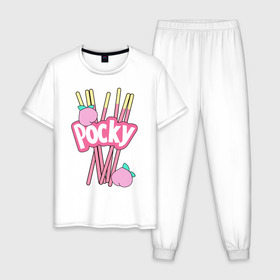 Мужская пижама хлопок с принтом KAWAII POCKY в городе Новоалтайск, 100% хлопок | брюки и футболка прямого кроя, без карманов, на брюках мягкая резинка на поясе и по низу штанин
 | kawaii | kawaii pocky | pocky | pocky купить | pocky палочки | кавай | японские pocky