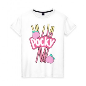 Женская футболка хлопок с принтом KAWAII POCKY в городе Новоалтайск, 100% хлопок | прямой крой, круглый вырез горловины, длина до линии бедер, слегка спущенное плечо | kawaii | kawaii pocky | pocky | pocky купить | pocky палочки | кавай | японские pocky