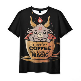 Мужская футболка 3D с принтом How I Like My Coffee в городе Новоалтайск, 100% полиэфир | прямой крой, круглый вырез горловины, длина до линии бедер | Тематика изображения на принте: coffee | diy | espresso | how | like | lol | my | как | кофе | лол | мой | монстрик | рога | сделай сам | сказка | эспрессо