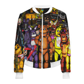 Женский бомбер 3D с принтом FIVE NIGHTS AT FREDDYS в городе Новоалтайск, 100% полиэстер | застегивается на молнию, по бокам два кармана без застежек, мягкие манжеты, по низу бомбера и на воротнике — эластичная резинка | 5 ночей с фредди | animation | bonnie | chica | five nights at freddys | fnaf | foxy | freddy | funny | horror | scary | бонни | майк | пять | ужас | фнаф | фокси | фредди | чика | шмидт