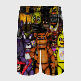 Детские спортивные шорты 3D с принтом FIVE NIGHTS AT FREDDY S в городе Новоалтайск,  100% полиэстер
 | пояс оформлен широкой мягкой резинкой, ткань тянется
 | 5 ночей с фредди | animation | bonnie | chica | five nights at freddys | fnaf | foxy | freddy | funny | horror | scary | бонни | майк | пять | ужас | фнаф | фокси | фредди | чика | шмидт
