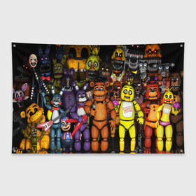 Флаг-баннер с принтом FIVE NIGHTS AT FREDDYS в городе Новоалтайск, 100% полиэстер | размер 67 х 109 см, плотность ткани — 95 г/м2; по краям флага есть четыре люверса для крепления | 5 ночей с фредди | animation | bonnie | chica | five nights at freddys | fnaf | foxy | freddy | funny | horror | rdgsf19 | scary | бонни | майк | пять | ужас | фнаф | фокси | фредди | чика | шмидт