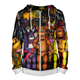 Мужская толстовка 3D на молнии с принтом FIVE NIGHTS AT FREDDYS в городе Новоалтайск, 100% полиэстер | длина до линии бедра, манжеты и пояс оформлены мягкой тканевой резинкой, двухслойный капюшон со шнурком для регулировки, спереди молния, по бокам два кармана | 5 ночей с фредди | animation | bonnie | chica | five nights at freddys | fnaf | foxy | freddy | funny | horror | rdgsf19 | scary | бонни | майк | пять | ужас | фнаф | фокси | фредди | чика | шмидт