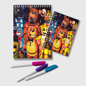 Блокнот с принтом FIVE NIGHTS AT FREDDYS в городе Новоалтайск, 100% бумага | 48 листов, плотность листов — 60 г/м2, плотность картонной обложки — 250 г/м2. Листы скреплены удобной пружинной спиралью. Цвет линий — светло-серый
 | 5 ночей с фредди | animation | bonnie | chica | five nights at freddys | fnaf | foxy | freddy | funny | horror | scary | бонни | майк | пять | ужас | фнаф | фокси | фредди | чика | шмидт