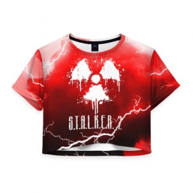 Женская футболка Cropp-top с принтом S.T.A.L.K.E.R. 2 ВЫБРОС в городе Новоалтайск, 100% полиэстер | круглая горловина, длина футболки до линии талии, рукава с отворотами | bandit | chernobyl | pripyat | s.t.a.l.k.e.r. 2 | shadow of chernobyl | stalker | stalker 2 | бандиты | меченый | припять | сталкер | сталкер 2 | тени чернобыля | чернобыль | чистое небо
