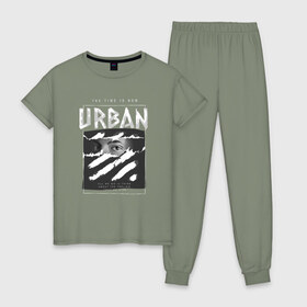 Женская пижама хлопок с принтом Black Urban Style в городе Новоалтайск, 100% хлопок | брюки и футболка прямого кроя, без карманов, на брюках мягкая резинка на поясе и по низу штанин | black | urban | буквы | взгляд | глаза | лицо | минимализм | полосы | рваная | стиль | урбан | урбанистический