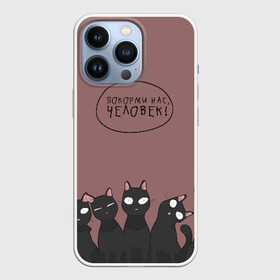 Чехол для iPhone 13 Pro с принтом ПОКОРМИ НАС ЧЕЛОВЕК в городе Новоалтайск,  |  | Тематика изображения на принте: животные | котики | коты | кошки | мемы | милые | фразы