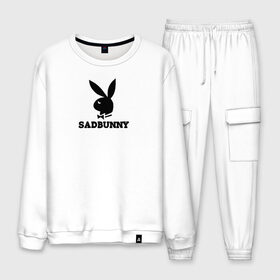 Мужской костюм хлопок с принтом SAD BUNNY в городе Новоалтайск, 100% хлопок | на свитшоте круглая горловина, мягкая резинка по низу. Брюки заужены к низу, на них два вида карманов: два “обычных” по бокам и два объемных, с клапанами, расположенные ниже линии бедра. Брюки с мягкой трикотажной резинкой на поясе и по низу штанин. В поясе для дополнительного комфорта — широкие завязки | bad | billie | boy | boys | bunny | eilish | girl | girls | music | playboy | pop | rap | sad | sad bunny | trend | билли | грустно | музыка | поп | рэп | тренд | эйлиш