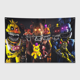 Флаг-баннер с принтом FIVE NIGHTS AT FREDDYS в городе Новоалтайск, 100% полиэстер | размер 67 х 109 см, плотность ткани — 95 г/м2; по краям флага есть четыре люверса для крепления | 5 ночей с фредди | animation | bonnie | chica | five nights at freddys | fnaf | foxy | freddy | funny | horror | scary | бонни | майк | пять | ужас | фнаф | фокси | фредди | чика | шмидт