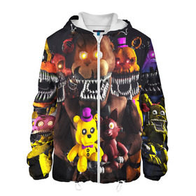 Мужская куртка 3D с принтом FIVE NIGHTS AT FREDDYS в городе Новоалтайск, ткань верха — 100% полиэстер, подклад — флис | прямой крой, подол и капюшон оформлены резинкой с фиксаторами, два кармана без застежек по бокам, один большой потайной карман на груди. Карман на груди застегивается на липучку | 5 ночей с фредди | animation | bonnie | chica | five nights at freddys | fnaf | foxy | freddy | funny | horror | scary | бонни | майк | пять | ужас | фнаф | фокси | фредди | чика | шмидт