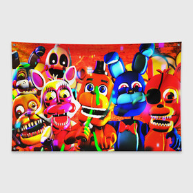 Флаг-баннер с принтом FIVE NIGHTS AT FREDDYS в городе Новоалтайск, 100% полиэстер | размер 67 х 109 см, плотность ткани — 95 г/м2; по краям флага есть четыре люверса для крепления | 5 ночей с фредди | animation | bonnie | chica | five nights at freddys | fnaf | foxy | freddy | funny | horror | scary | бонни | майк | пять | ужас | фнаф | фокси | фредди | чика | шмидт