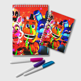 Блокнот с принтом FIVE NIGHTS AT FREDDYS в городе Новоалтайск, 100% бумага | 48 листов, плотность листов — 60 г/м2, плотность картонной обложки — 250 г/м2. Листы скреплены удобной пружинной спиралью. Цвет линий — светло-серый
 | 5 ночей с фредди | animation | bonnie | chica | five nights at freddys | fnaf | foxy | freddy | funny | horror | scary | бонни | майк | пять | ужас | фнаф | фокси | фредди | чика | шмидт