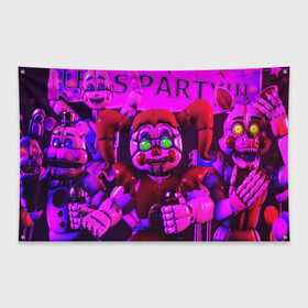 Флаг-баннер с принтом FIVE NIGHTS AT FREDDYS в городе Новоалтайск, 100% полиэстер | размер 67 х 109 см, плотность ткани — 95 г/м2; по краям флага есть четыре люверса для крепления | 5 ночей с фредди | animation | bonnie | chica | five nights at freddys | fnaf | foxy | freddy | funny | horror | scary | бонни | майк | пять | ужас | фнаф | фокси | фредди | чика | шмидт