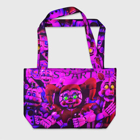 Пляжная сумка 3D с принтом FIVE NIGHTS AT FREDDYS в городе Новоалтайск, 100% полиэстер | застегивается на металлическую кнопку; внутренний карман застегивается на молнию. Стенки укреплены специальным мягким материалом, чтобы защитить содержимое от несильных ударов
 | 5 ночей с фредди | animation | bonnie | chica | five nights at freddys | fnaf | foxy | freddy | funny | horror | scary | бонни | майк | пять | ужас | фнаф | фокси | фредди | чика | шмидт