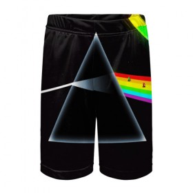 Детские спортивные шорты 3D с принтом PINK FLOYD в городе Новоалтайск,  100% полиэстер
 | пояс оформлен широкой мягкой резинкой, ткань тянется
 | music | pink floyd | the dark side of the moon | космос | луна | музыка | пинк флойд | призма | рок | треугольник | триангулярная призма