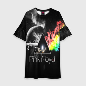 Детское платье 3D с принтом PINK FLOYD в городе Новоалтайск, 100% полиэстер | прямой силуэт, чуть расширенный к низу. Круглая горловина, на рукавах — воланы | music | pink floyd | the dark side of the moon | космос | луна | музыка | пинк флойд | призма | рок | треугольник | триангулярная призма