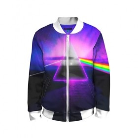 Детский бомбер 3D с принтом PINK FLOYD в городе Новоалтайск, 100% полиэстер | застегивается на молнию, по бокам два кармана без застежек, мягкие манжеты, по низу бомбера и на воротнике — эластичная резинка | music | pink floyd | the dark side of the moon | космос | луна | музыка | пинк флойд | призма | рок | треугольник | триангулярная призма
