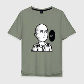 Мужская футболка хлопок Oversize с принтом ONE-PUNCH MAN - OK в городе Новоалтайск, 100% хлопок | свободный крой, круглый ворот, “спинка” длиннее передней части | one punch man | onepunchman | oppai | saitama | ван панч мен | ванпанчмен | макото миядзаки | сайтама | человек один удар