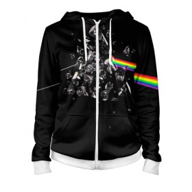 Женская толстовка 3D на молнии с принтом PINK FLOYD в городе Новоалтайск, 100% полиэстер | длина до линии бедра, манжеты и пояс оформлены мягкой тканевой резинкой, двухслойный капюшон со шнурком для регулировки, спереди молния, по бокам два кармана | music | pink floyd | the dark side of the moon | космос | луна | музыка | пинк флойд | призма | рок | треугольник | триангулярная призма