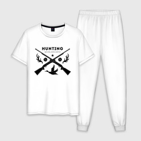 Мужская пижама хлопок с принтом Hunting. Natural Born Hunter в городе Новоалтайск, 100% хлопок | брюки и футболка прямого кроя, без карманов, на брюках мягкая резинка на поясе и по низу штанин
 | hunter | natural born hunter | звезда | оружие | охота | охотник | птица | рога | ружье | селезень | трофей | утка | хобби