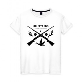 Женская футболка хлопок с принтом Hunting. Natural Born Hunter в городе Новоалтайск, 100% хлопок | прямой крой, круглый вырез горловины, длина до линии бедер, слегка спущенное плечо | hunter | natural born hunter | звезда | оружие | охота | охотник | птица | рога | ружье | селезень | трофей | утка | хобби