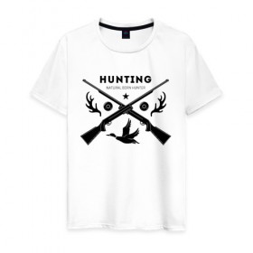 Мужская футболка хлопок с принтом Hunting. Natural Born Hunter в городе Новоалтайск, 100% хлопок | прямой крой, круглый вырез горловины, длина до линии бедер, слегка спущенное плечо. | hunter | natural born hunter | звезда | оружие | охота | охотник | птица | рога | ружье | селезень | трофей | утка | хобби