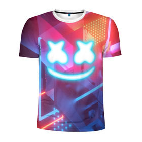 Мужская футболка 3D спортивная с принтом MARSHMELLO NEON в городе Новоалтайск, 100% полиэстер с улучшенными характеристиками | приталенный силуэт, круглая горловина, широкие плечи, сужается к линии бедра | america | dj | marshmello | usa | америка | маршмелло