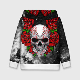 Детская толстовка 3D с принтом Skull and Roses в городе Новоалтайск, 100% полиэстер | двухслойный капюшон со шнурком для регулировки, мягкие манжеты на рукавах и по низу толстовки, спереди карман-кенгуру с мягким внутренним слоем | flowers | muertos | roses | skull | space | tribal | звезды | космос | лепестки | муэртос | розы | трайбл | цветы | череп