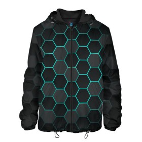 Мужская куртка 3D с принтом Big Octagon в городе Новоалтайск, ткань верха — 100% полиэстер, подклад — флис | прямой крой, подол и капюшон оформлены резинкой с фиксаторами, два кармана без застежек по бокам, один большой потайной карман на груди. Карман на груди застегивается на липучку | Тематика изображения на принте: octagon | бирюзовый | неон | неоновые соты | соты