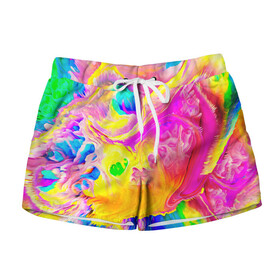 Женские шорты 3D с принтом КРАСКИ в городе Новоалтайск, 100% полиэстер | прямой крой, два кармана без застежек по бокам. Мягкая трикотажная резинка на поясе, внутри которой широкие завязки. Длина до середины бедра | abstract | abstraction | color | geometry | paitnt | psy | абстракция | геометрия | краски | неоновые | психоделика