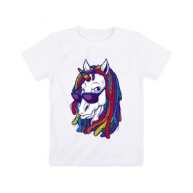 Детская футболка хлопок с принтом RastaUnicorn в городе Новоалтайск, 100% хлопок | круглый вырез горловины, полуприлегающий силуэт, длина до линии бедер | Тематика изображения на принте: color | dreads | glases | unicorn | дреды | единорог | конь | лошадь | очки | рог | уши | цветной