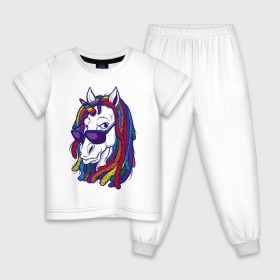 Детская пижама хлопок с принтом RastaUnicorn в городе Новоалтайск, 100% хлопок |  брюки и футболка прямого кроя, без карманов, на брюках мягкая резинка на поясе и по низу штанин
 | color | dreads | glases | unicorn | дреды | единорог | конь | лошадь | очки | рог | уши | цветной