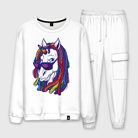 Мужской костюм хлопок с принтом RastaUnicorn в городе Новоалтайск, 100% хлопок | на свитшоте круглая горловина, мягкая резинка по низу. Брюки заужены к низу, на них два вида карманов: два “обычных” по бокам и два объемных, с клапанами, расположенные ниже линии бедра. Брюки с мягкой трикотажной резинкой на поясе и по низу штанин. В поясе для дополнительного комфорта — широкие завязки | color | dreads | glases | unicorn | дреды | единорог | конь | лошадь | очки | рог | уши | цветной