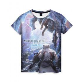 Женская футболка 3D с принтом Monster Hunter: World Iceborn в городе Новоалтайск, 100% полиэфир ( синтетическое хлопкоподобное полотно) | прямой крой, круглый вырез горловины, длина до линии бедер | hunter | iceborn | monster | world | айсборн | ворлд | монстр | хантер