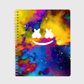 Тетрадь с принтом MARSHMELLO в городе Новоалтайск, 100% бумага | 48 листов, плотность листов — 60 г/м2, плотность картонной обложки — 250 г/м2. Листы скреплены сбоку удобной пружинной спиралью. Уголки страниц и обложки скругленные. Цвет линий — светло-серый
 | christopher comstock | cosmos | dj | marshmello | music | вселенная | диджей | клубная музыкакосмос | клубняк | краски | крис комсток | логотип | маршмэллоу | музыка