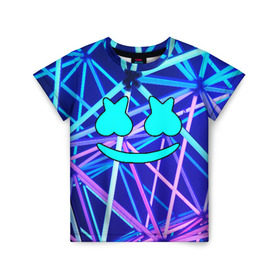 Детская футболка 3D с принтом MARSHMELLO NEON в городе Новоалтайск, 100% гипоаллергенный полиэфир | прямой крой, круглый вырез горловины, длина до линии бедер, чуть спущенное плечо, ткань немного тянется | christopher comstock | dj | marshmello | music | диджей | клубная музыка | клубняк | крис комсток | маршмеллоу | музыка