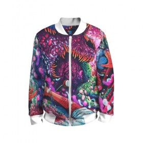 Детский бомбер 3D с принтом CS GO hyper beast skin в городе Новоалтайск, 100% полиэстер | застегивается на молнию, по бокам два кармана без застежек, мягкие манжеты, по низу бомбера и на воротнике — эластичная резинка | Тематика изображения на принте: awp | counter strike | cs go | cs go global offensive | hyper beast | skin cs | team cs | команды cs | скины оружия | скоростной зверь | хайпер бист