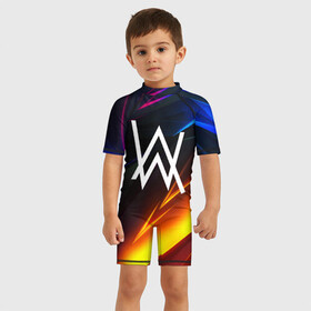 Детский купальный костюм 3D с принтом ALAN WALKER STRIPES в городе Новоалтайск, Полиэстер 85%, Спандекс 15% | застежка на молнии на спине | alan walker | aw | electro | electro music | music | алан уокер | музыка | музыкант | электро | электронная музыка
