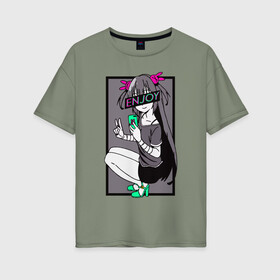 Женская футболка хлопок Oversize с принтом Enjoy Anime Art в городе Новоалтайск, 100% хлопок | свободный крой, круглый ворот, спущенный рукав, длина до линии бедер
 | anime | aquarell | enjoy | flowers | glitch | retrowave | sad | sadness | vaporwave | акварель | аниме | анимэ | глитч | глич | грустно | грустный | грусть | надписи | цветы