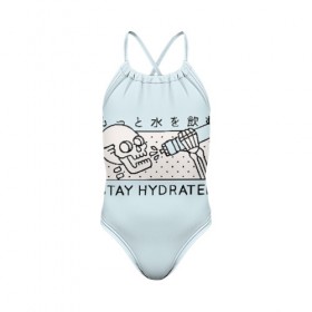 Детский купальник 3D с принтом STAY HYDRATED в городе Новоалтайск, Полиэстер 85%, Спандекс 15% | Слитный крой, подклад по переду изделия, узкие бретели | death | japan | skeleton | sport | vegan | water | yoga | веган | вегетарианство | вода | йога | скелет | спорт | хэллоуин | череп | япония