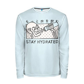 Мужской лонгслив 3D с принтом STAY HYDRATED в городе Новоалтайск, 100% полиэстер | длинные рукава, круглый вырез горловины, полуприлегающий силуэт | Тематика изображения на принте: death | japan | skeleton | sport | vegan | water | yoga | веган | вегетарианство | вода | йога | скелет | спорт | хэллоуин | череп | япония