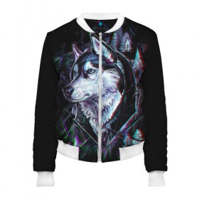 Женский бомбер 3D с принтом Хаски в городе Новоалтайск, 100% полиэстер | застегивается на молнию, по бокам два кармана без застежек, мягкие манжеты, по низу бомбера и на воротнике — эластичная резинка | волк | лес | рисунок | хаски