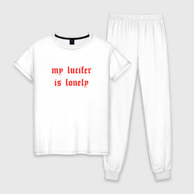 Женская пижама хлопок с принтом Billie Eilish - my lucifer в городе Новоалтайск, 100% хлопок | брюки и футболка прямого кроя, без карманов, на брюках мягкая резинка на поясе и по низу штанин | bad guy | billie eilish | my lucifer is lonely | беляш | беляшик | билли айлиш | бэд гай