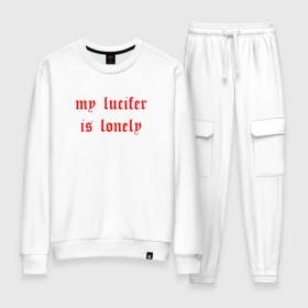 Женский костюм хлопок с принтом Billie Eilish - my lucifer в городе Новоалтайск, 100% хлопок | на свитшоте круглая горловина, мягкая резинка по низу. Брюки заужены к низу, на них два вида карманов: два 