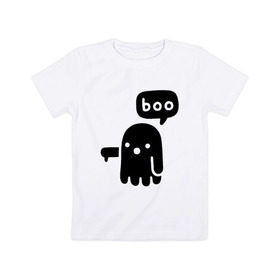 Детская футболка хлопок с принтом Boo в городе Новоалтайск, 100% хлопок | круглый вырез горловины, полуприлегающий силуэт, длина до линии бедер | 19 | 2019 | boo | ghost | halloween | бу | ведьма | зло | картинка | нечисть | приведение | призрак | прикольная | тыква | тьма | ужас | хелловин | хеллоувин | хэллоуин