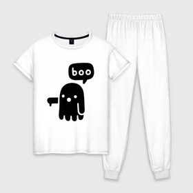 Женская пижама хлопок с принтом Boo в городе Новоалтайск, 100% хлопок | брюки и футболка прямого кроя, без карманов, на брюках мягкая резинка на поясе и по низу штанин | 19 | 2019 | boo | ghost | halloween | бу | ведьма | зло | картинка | нечисть | приведение | призрак | прикольная | тыква | тьма | ужас | хелловин | хеллоувин | хэллоуин