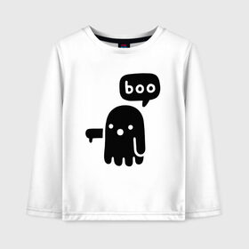 Детский лонгслив хлопок с принтом Boo в городе Новоалтайск, 100% хлопок | круглый вырез горловины, полуприлегающий силуэт, длина до линии бедер | 19 | 2019 | boo | ghost | halloween | бу | ведьма | зло | картинка | нечисть | приведение | призрак | прикольная | тыква | тьма | ужас | хелловин | хеллоувин | хэллоуин